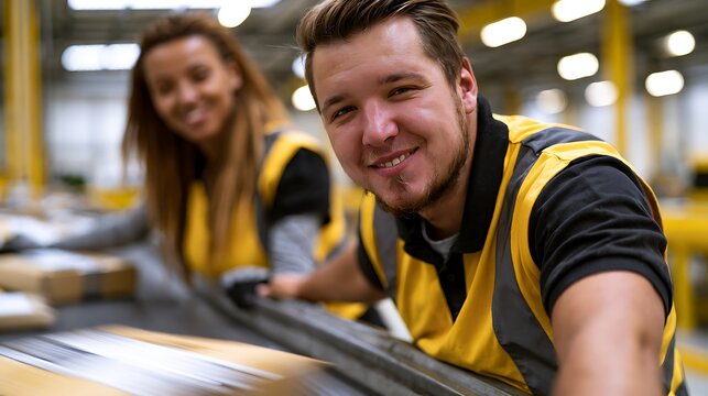Two diverse smiling warehouse workers in yellow uniforms sorting parcels and cardboard boxes on a moving conveyor belt in a large logistics center