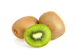 Fototapeta premium Whole kiwi fruit and his sliced segments isolated on white