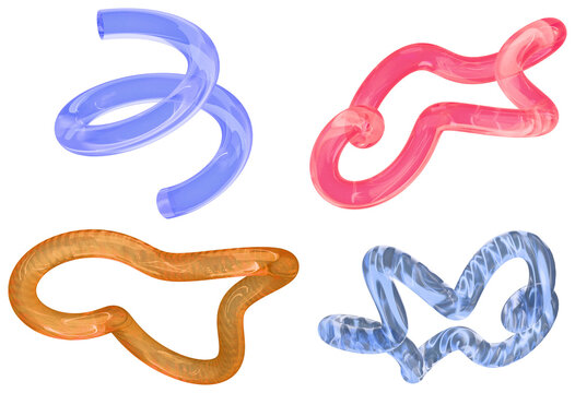 A set of translucent glass ribbon shapes in vibrant colors, forming flowing abstract 3D design elements.