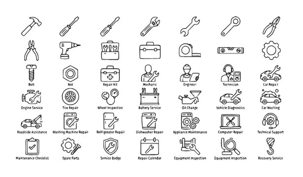 42 Repair Service and Tool Line Icons, Hammer Screwdriver Spanner Automotive Maintenance Vector Set
