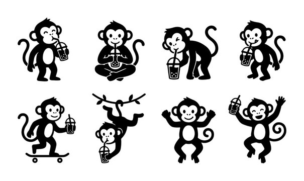 Playful Monkey Icons Set, Cute Primate Characters Drinking Beverages, Vector Graphics for Children's Designs and Animal Themes