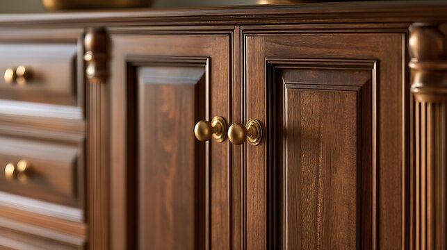 Classic wooden cabinet with elegant brass knobs in a traditional interior setting.