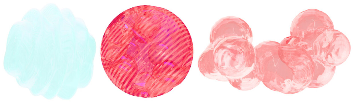 A collection of abstract 3D geometric shapes in soft pastel tones with translucent and textured surfaces.