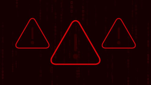 Red warning alert animation displays flashing exclamation marks on dark. System danger error triggers this warning alert animation. Urgent security alerts flash in the warning alert animation.