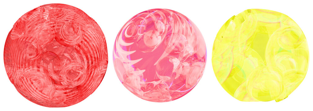 Three vibrant carved circular abstract forms in red, pink, and yellow create a modern geometric design set.