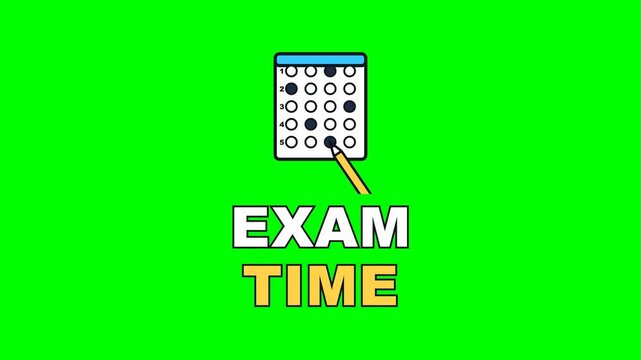 4K green screen EXAM TIME animated text - a pencil shading in answer bubbles one by one, kinetic typography school and education overlay for teachers students and social media, chroma key