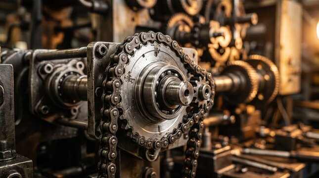 Close up detail of heavy industrial machinery mechanism featuring metal chain drive, sprocket gears, and bearings in factory manufacturing plant, mechanical engineering, automation