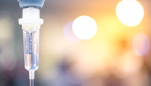Close-up of an intravenous drip delivering clear fluid with a blurred, bright background.