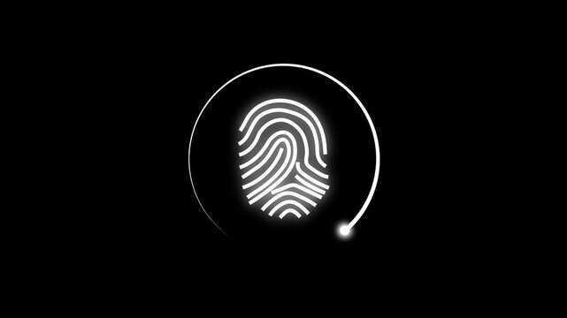Biometric fingerprint animation scans inside a rotating circular ring. Digital identity access verifies this fingerprint animation. Cyber security clearance runs on the fingerprint animation.