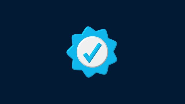 Blue checkmark badge animation pulses on a deep blue tech background. Verified account status activates this checkmark badge animation. Digital approval confirmed on the checkmark badge animation.