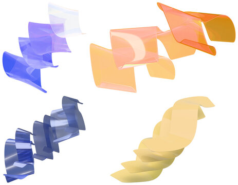 A set of translucent pastel ribbon waves in blue, purple, peach, and gold for abstract design use.