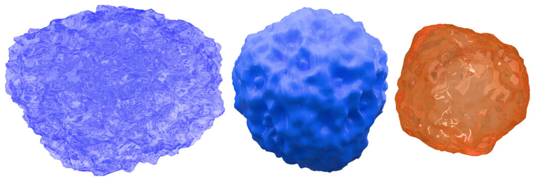 A set of three glossy abstract rock forms in purple, blue, and orange with a rough noise texture.