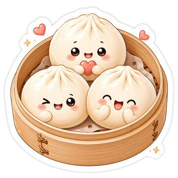 Kawaii steamed buns in a bamboo basket, featuring adorable expressions and hearts, creating a charming Asian food illustration.