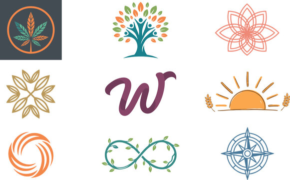 Abstract Vector Wellness Logo Icons Set Featuring Cannabis Leaf, Human Tree Community, Lotus Flower, Cursive Letter W, Sunrise Wheat, Compass, and Infinity Vine Symbols