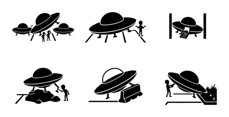Alien UFO Abduction Icons, Extraterrestrial Encounter Set, Spacecraft Landing Vector Graphics, Sci-Fi Illustration Elements © Sajin