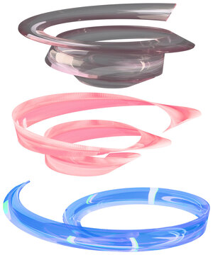 A set of three translucent spiral ribbon forms in gray, pink, and blue with glossy gradient lighting.