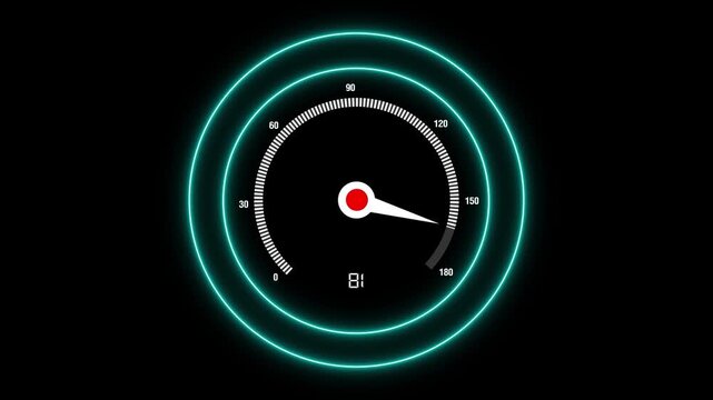 Digital speed gauge animation displays cyan rings and a moving needle. Dynamic telemetry readout moves on the speed gauge animation. Fast acceleration performance drives the speed gauge animation.