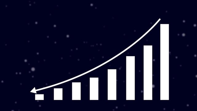 Growing bar chart animation displays a rising upward progress arrow. Successful financial analytics track on the bar chart animation. Business market performance drives the bar chart animation.