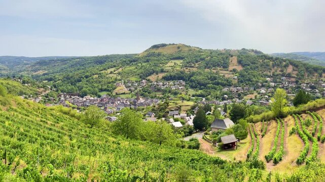 panoramic view of hillside vineyard overlooking rural valley village landscape, Aveyron, Marcillac Vallon in France