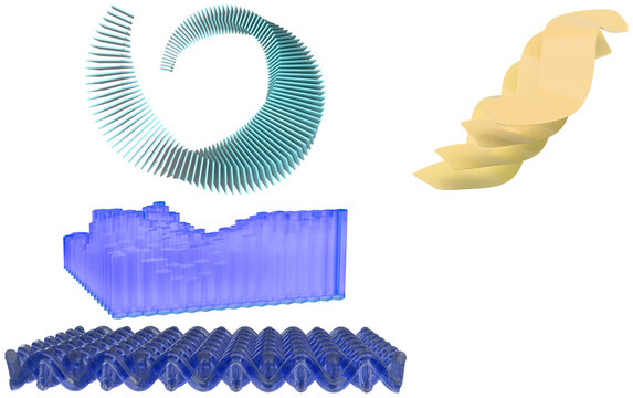 A set of abstract 3D geometric design elements in pastel blue, purple, and gold with layered, woven, and wave-like forms.