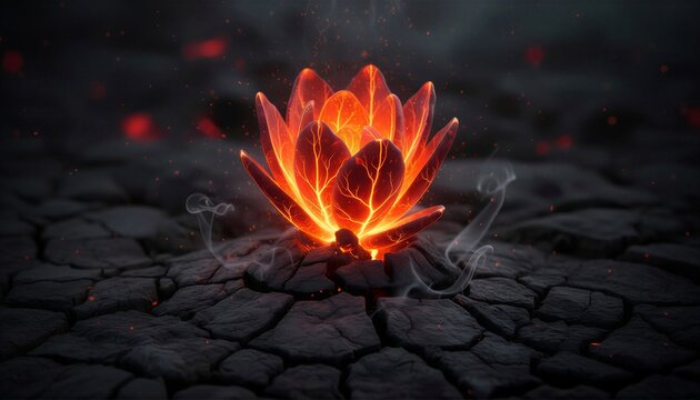 A surreal flower blooming from volcanic rock with glowing lava petals and veins of fire. Dramatic lighting with ash particles and smoke