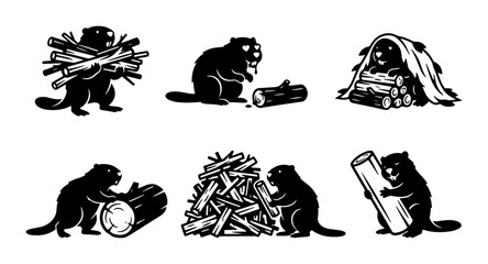 Fototapeta premium Charming Beaver Vector Icons Set, Woodland Animal Illustrations, Forest Dweller Graphics, Nature Wildlife Art, Building and Crafting Scenes