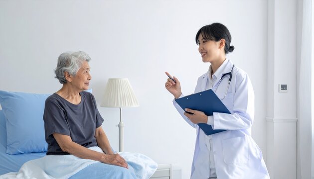 A young female doctor in a white coat consults with an elderly Asian woman sitting on a hospital bed, discussing her health and providing medical advice.