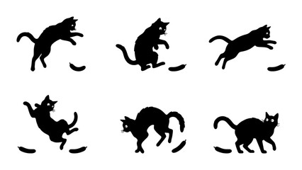 Obraz premium Black Cat Silhouettes, Dynamic Poses, Vector Icons Set: Playful Feline Actions, Jumping, Pouncing, Curious, Alert, Graphic Elements for Pet Lovers, Animal Graphics