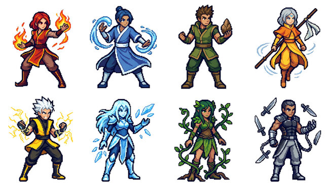 Pixel Art Elemental Warriors Sprite Sheet for Games