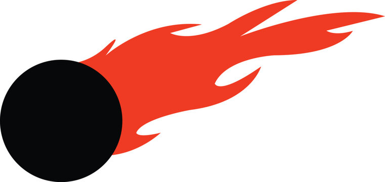 Black meteor with a red flaming tail isolated on white. This flat fireball vector icon is perfect for space themes. Use this burning comet graphic for astronomy designs.