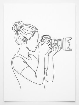 Minimalist One Line Drawing of a Woman Photographer Holding a Professional DSLR Camera with Large Lens