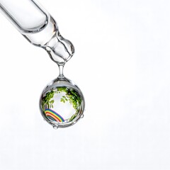 Fototapeta premium Glass pipette releasing water droplet reflecting green nature forest and rainbow