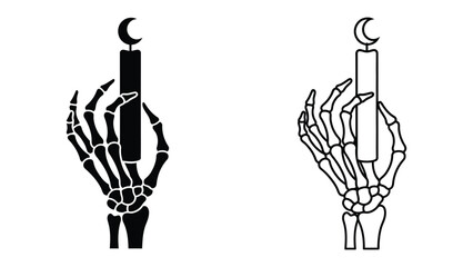 Fototapeta premium Skeleton Hand Holding a Crescent Moon Candle: A detailed illustration of a skeleton hand clutches a tall candle topped with a crescent moon, symbolizing mystery, magic, and the nocturnal hours.