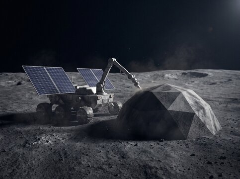 Solar powered lunar rover using a robotic arm to 3D print a geometric regolith dome habitat on the Moon surface