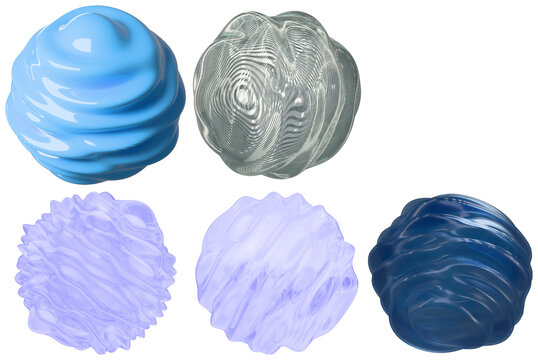 A set of glossy abstract 3D coral-inspired shapes in cool blue, lilac, gray, and navy tones.