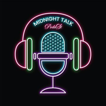 Neon podcast logo with glowing microphone and headphones for midnight talk radio show on dark background