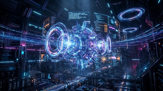 Abstract digital data visualization with glowing blue light circles and floating technical information panels on a dark background representing futuristic technology
