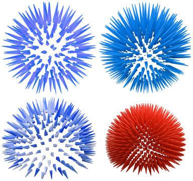 A set of four abstract 3D spiky floral bursts in blue and red tones.