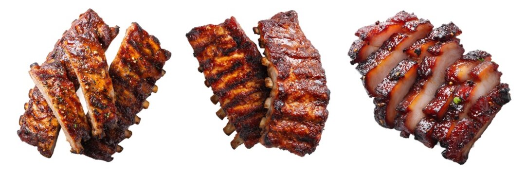 Grilled pork ribs roasted meat barbecue set isolated on transparent background