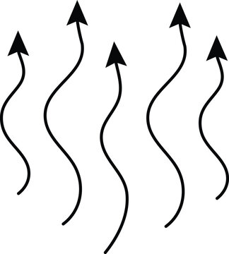 Set of five hand drawn wavy arrows pointing upwards. These black squiggly lines represent growth, heat, or evaporation. Great for doodle design elements.
