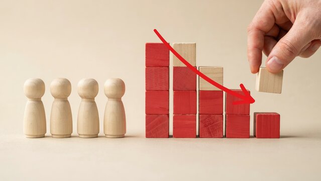 Hand placing wooden blocks next to a downward red trend arrow representing declining economic statistics and negative business performance metrics