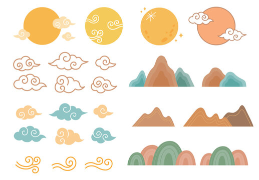 Traditional Asian moon, clouds, mountains and wind motifs in a colorful flat illustration set inspired by autumn harvest celebrations.