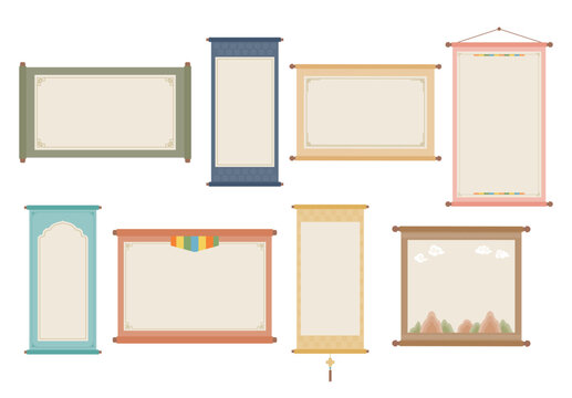 Traditional Korean hanging scroll and banner frames with decorative borders, inspired by Asian cultural design.