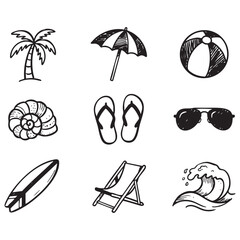 Fototapeta premium Hand Drawn Summer Beach Icons Collection Seashell Sunglasses Deck Chair Wave Line Art