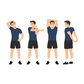 Man Performing Four Standing Upper Body Stretching Exercises. Flat vector illustration isolated on white background