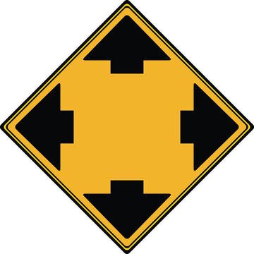 Yellow diamond traffic sign with four outward pointing black arrows. This warning symbol indicates an intersection or multiple directions. Perfect for road safety and navigation designs.