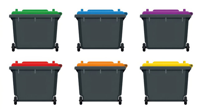 Set of Six Colorful Recycling Bins for Waste Management and Environmental Conservation Vector Illustration