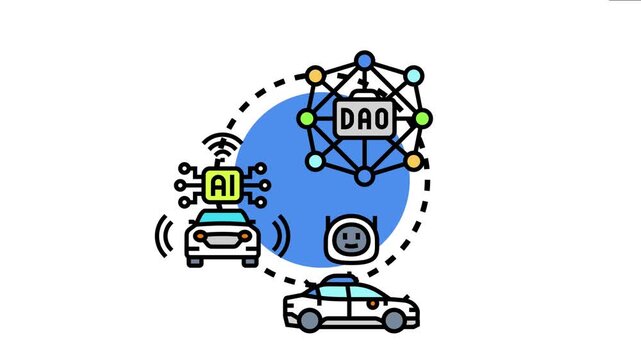 Decentralized autonomous organization - dao - concept managing smart cars and artificial intelligence technology, creating efficient local systems and future mobility solutions