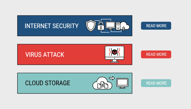 Computer security website design blocks representing internet security, virus attack, and cloud storage concepts.