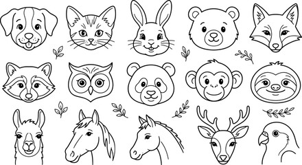 Naklejka premium Cute animal faces coloring page vector set featuring simple line art icons of friendly woodland and domestic creatures